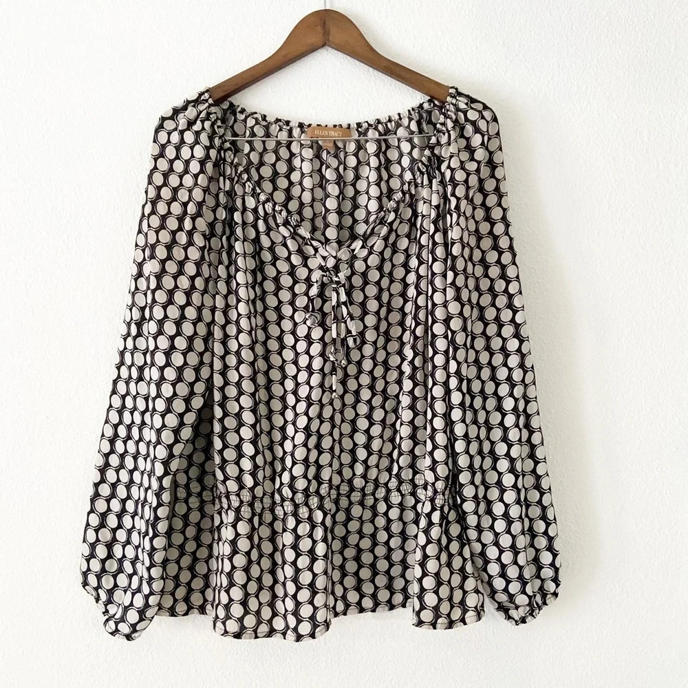 Ellen Tracy Polka Dot Peplum Blouse Black White Large Chic Classic Sophisticated